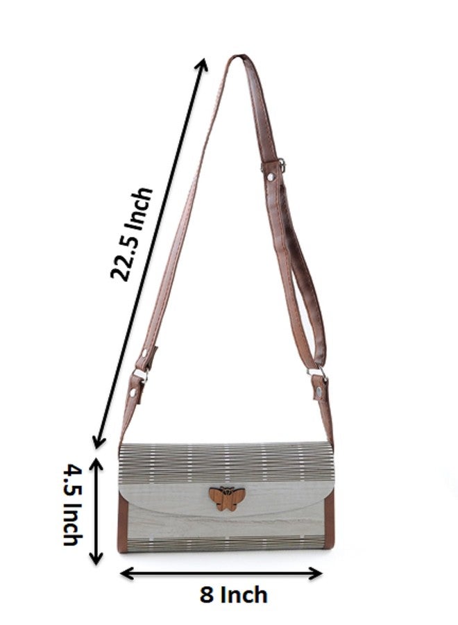 GSTORE Wooden Purse Ladies Stylish with Clutch Purse Wedding Party Tourist Cross Belt7 X 4 Inch | White & Brown - Image 2